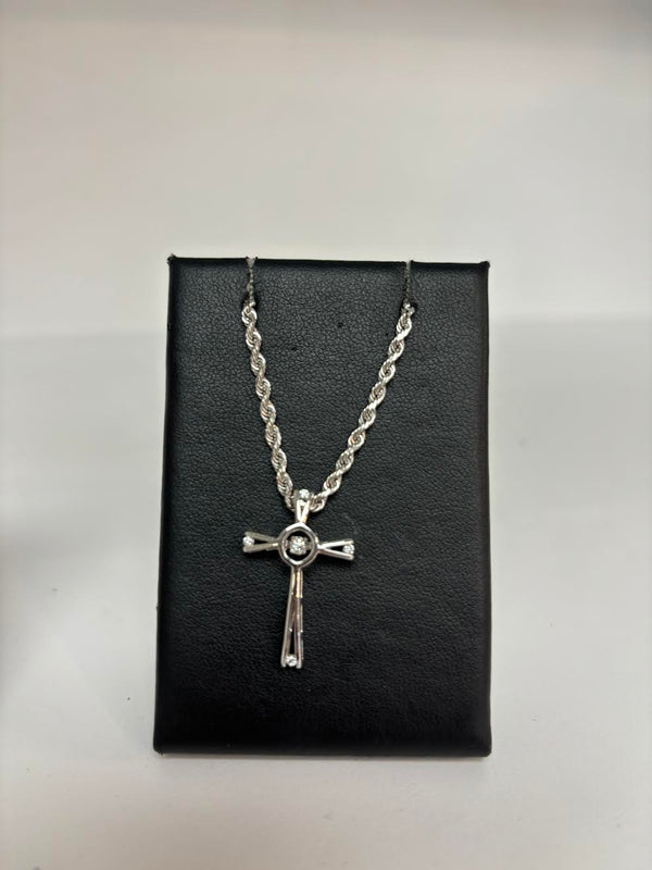 White Gold Rope Chain with floating diamond Cross pendant