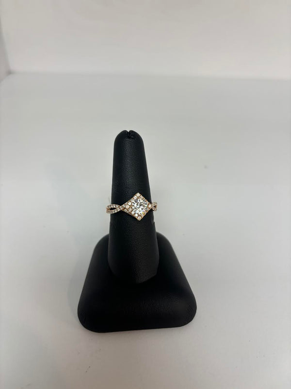Rose Gold Round Diamond with Bypass shank and halo of Diamonds
