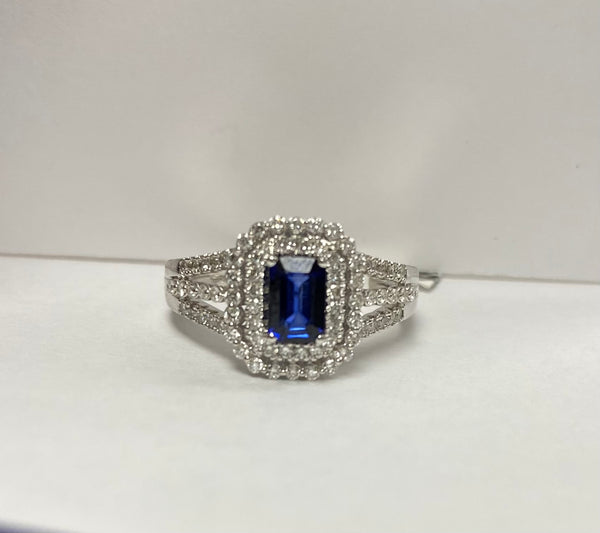 1/2 CTW Diamond ring with 6x4 mm Emerald cut natural sapphire ring 14k white gold