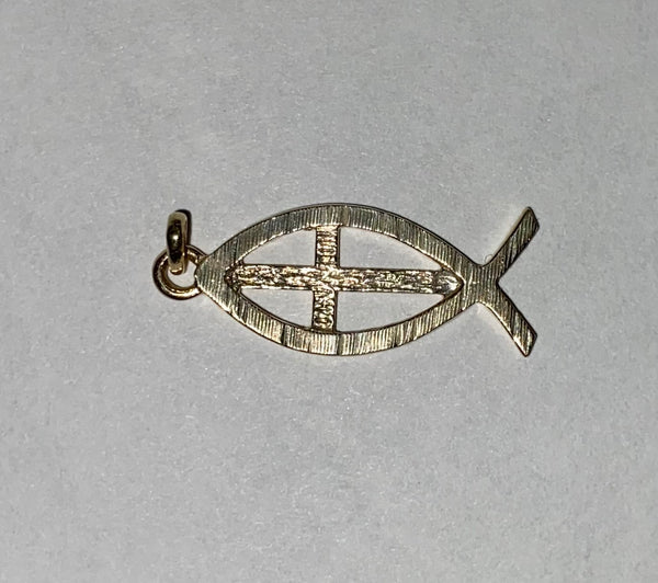 yellow gold fish/cross pendant