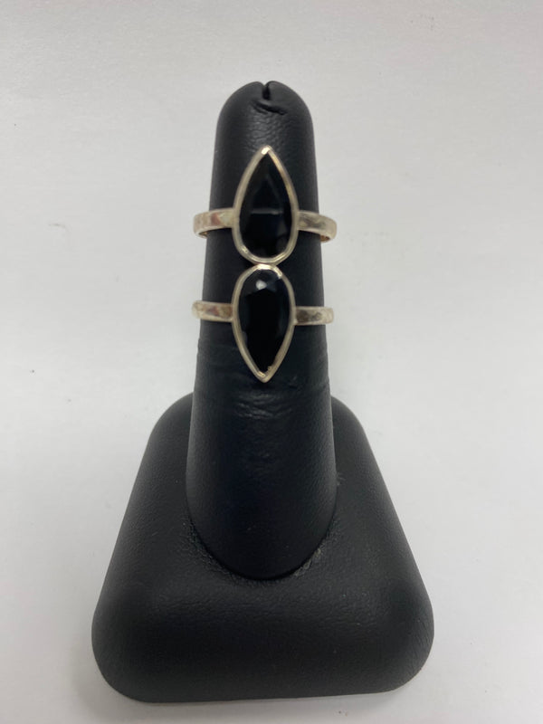 sterling silver double ring with black tear drop stones