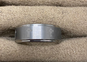 mens tungsten band with cross detail