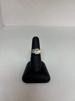 Yellow Gold Emerald Cut CZ with Cz Baguettes Bridal Ring