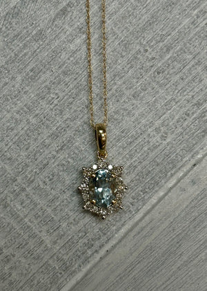 10K Yellow Gold chain with Aquamarine and diamond pendant