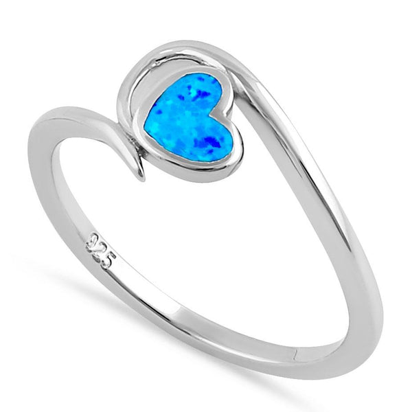 Sterling Silver Blue Opal Heart In Wave Ring